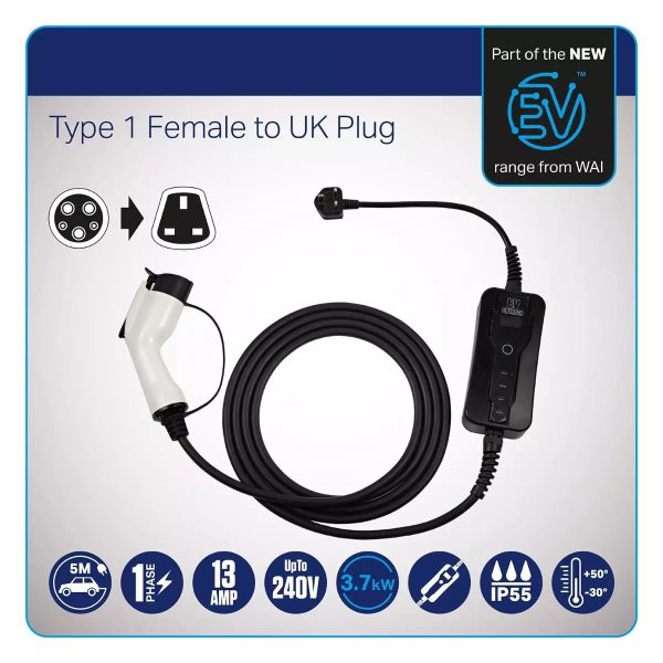 Charge Cable - Type 1 Female To UK Plug - 13A - 5M