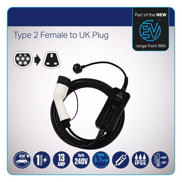 Charge Cable - Type 2 Female to UK Plug - 13A - 5M